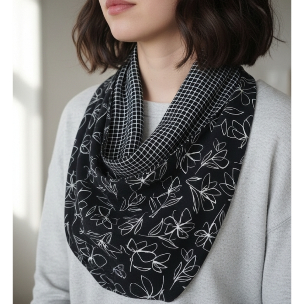 J. Jill Black and White Grid- Floral Silk Two Sided Scarf